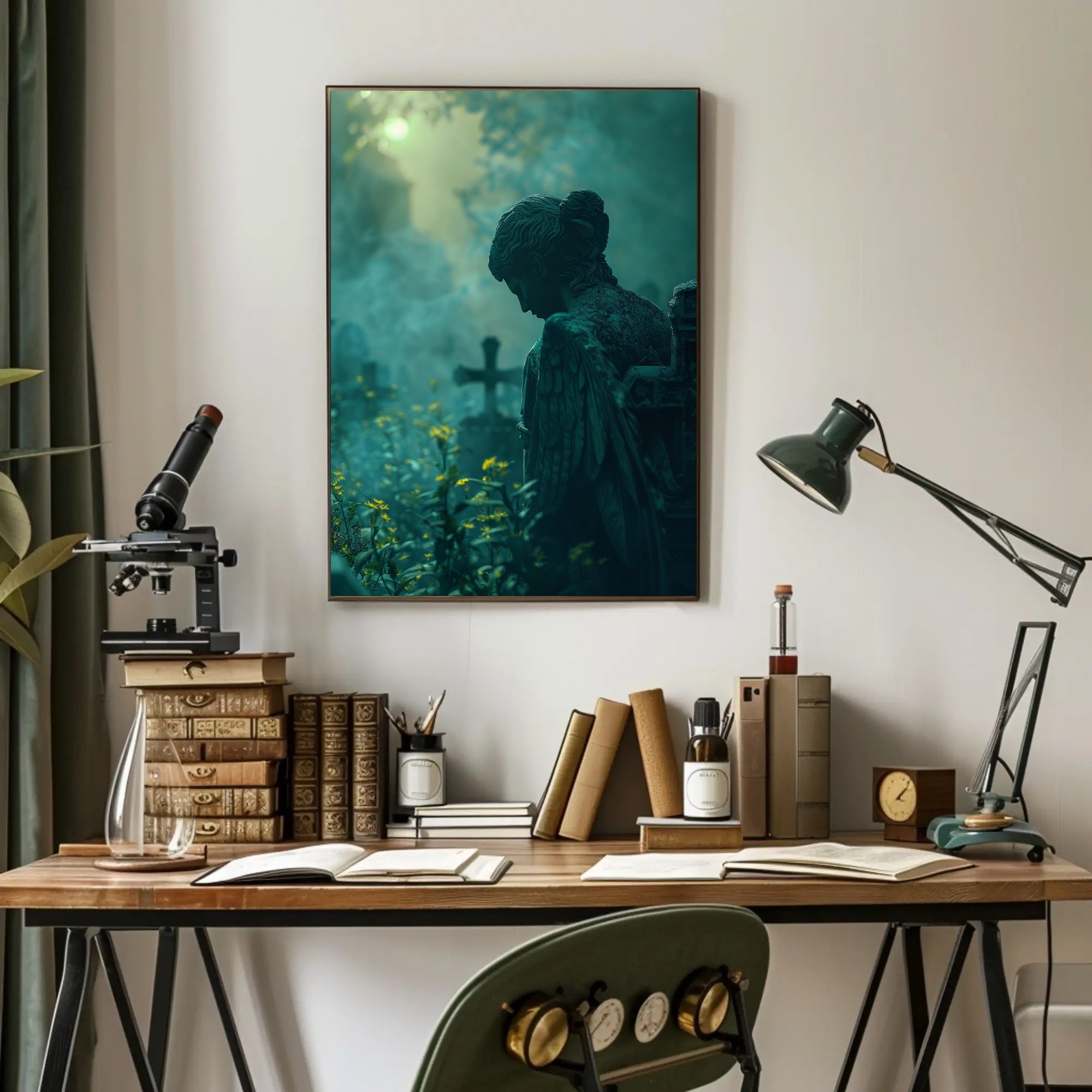 Serene Angel Statue in Misty Graveyard: Artistic Poster PosterGoat