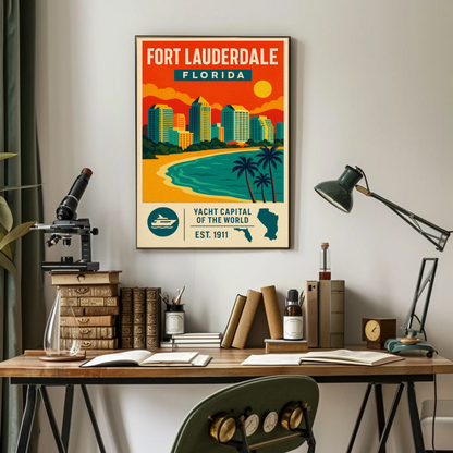 Fort Lauderdale Florida Skyline Palms Sunset Travel Poster
