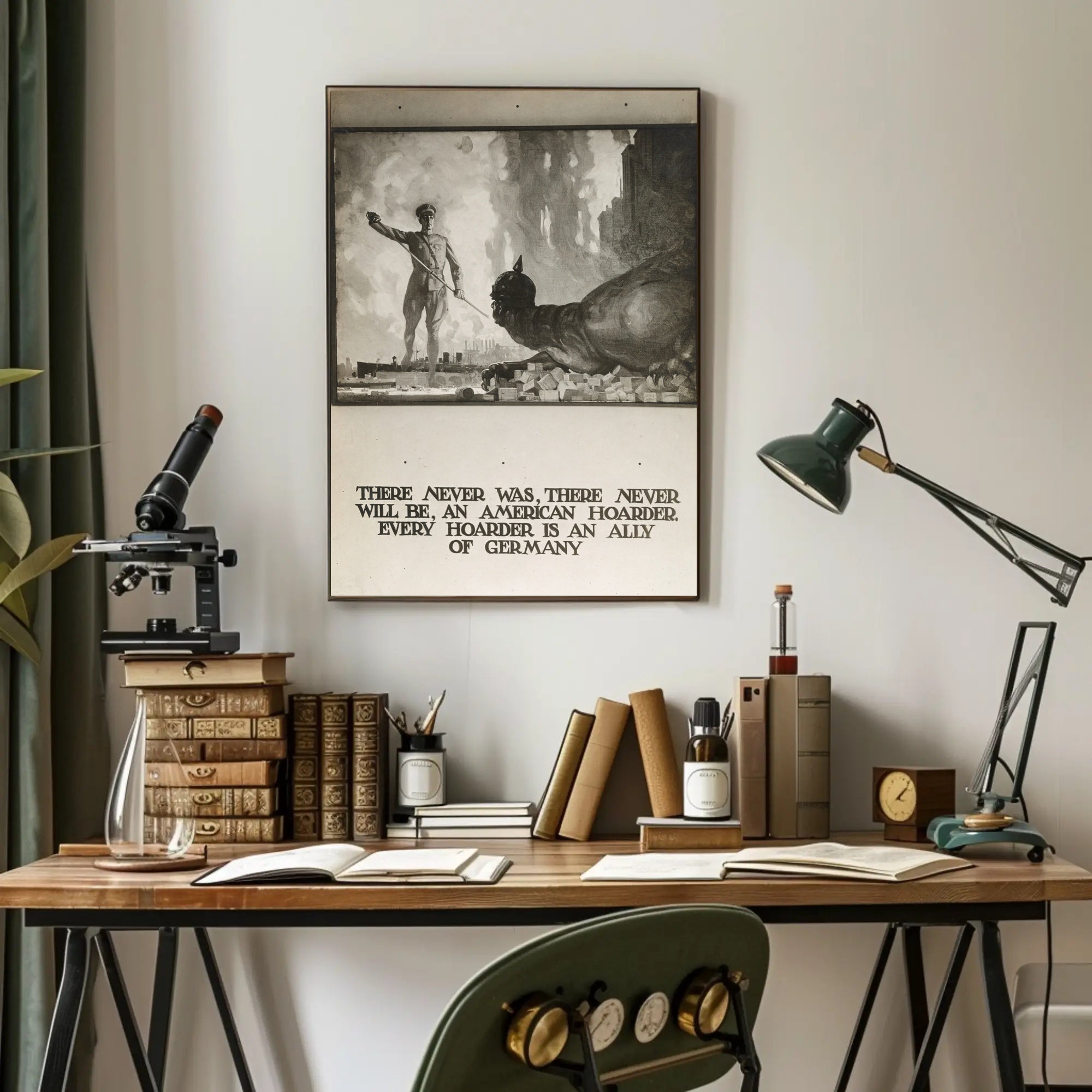 Patriotic Soldier Confronts Enemy in Propaganda Poster PosterGoat