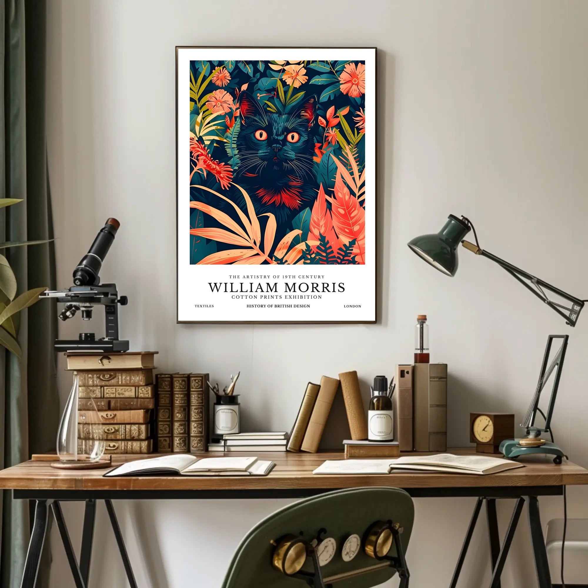Black Cat in Botanical Wonderland: Artistic Poster