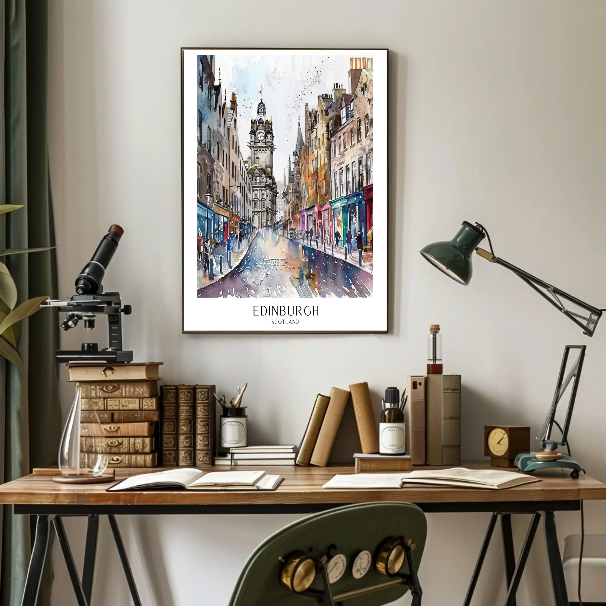 Vibrant Watercolor Street Scene in Edinburgh Urban or Cityscape Poster PosterGoat
