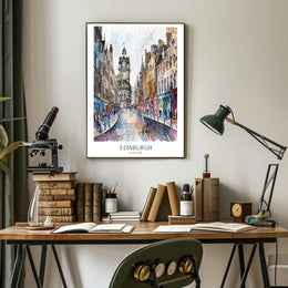 Vibrant Watercolor Street Scene in Edinburgh Urban or Cityscape Poster PosterGoat