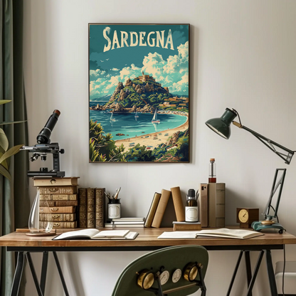 Sardegna Coastal Castle Beach Travel Poster