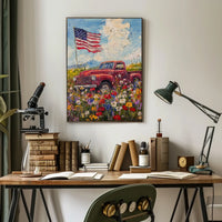 red pickup truck parked in a flower Poster