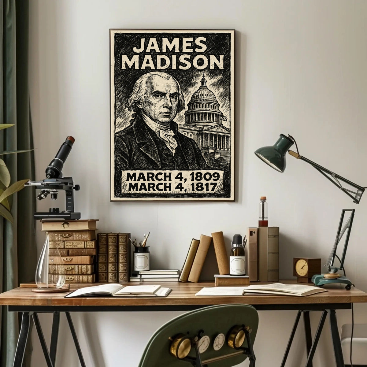 James Madison 4th President of the United States B & W Comic Sketch Poster