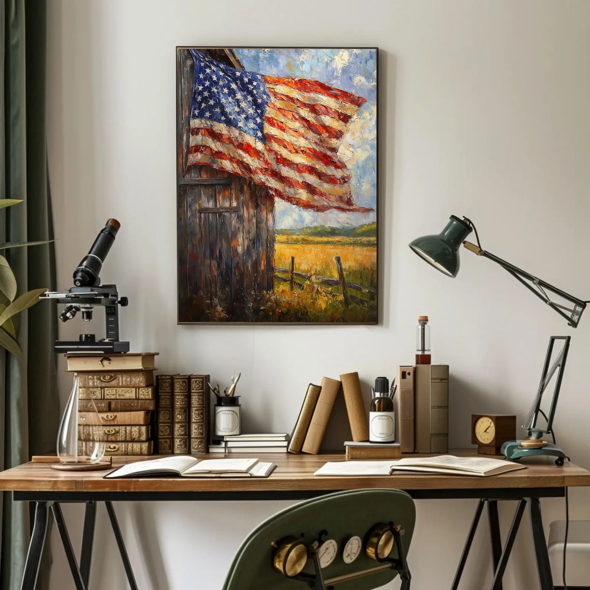 Flag Draped Rustic Wooden Barn Landscape With Fence Poster