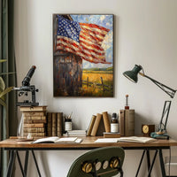 Flag Draped Rustic Wooden Barn Landscape With Fence Poster