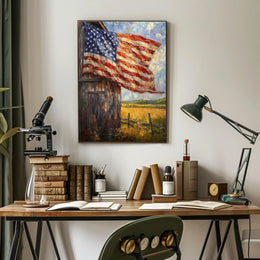 Flag Draped Rustic Wooden Barn Landscape With Fence Poster