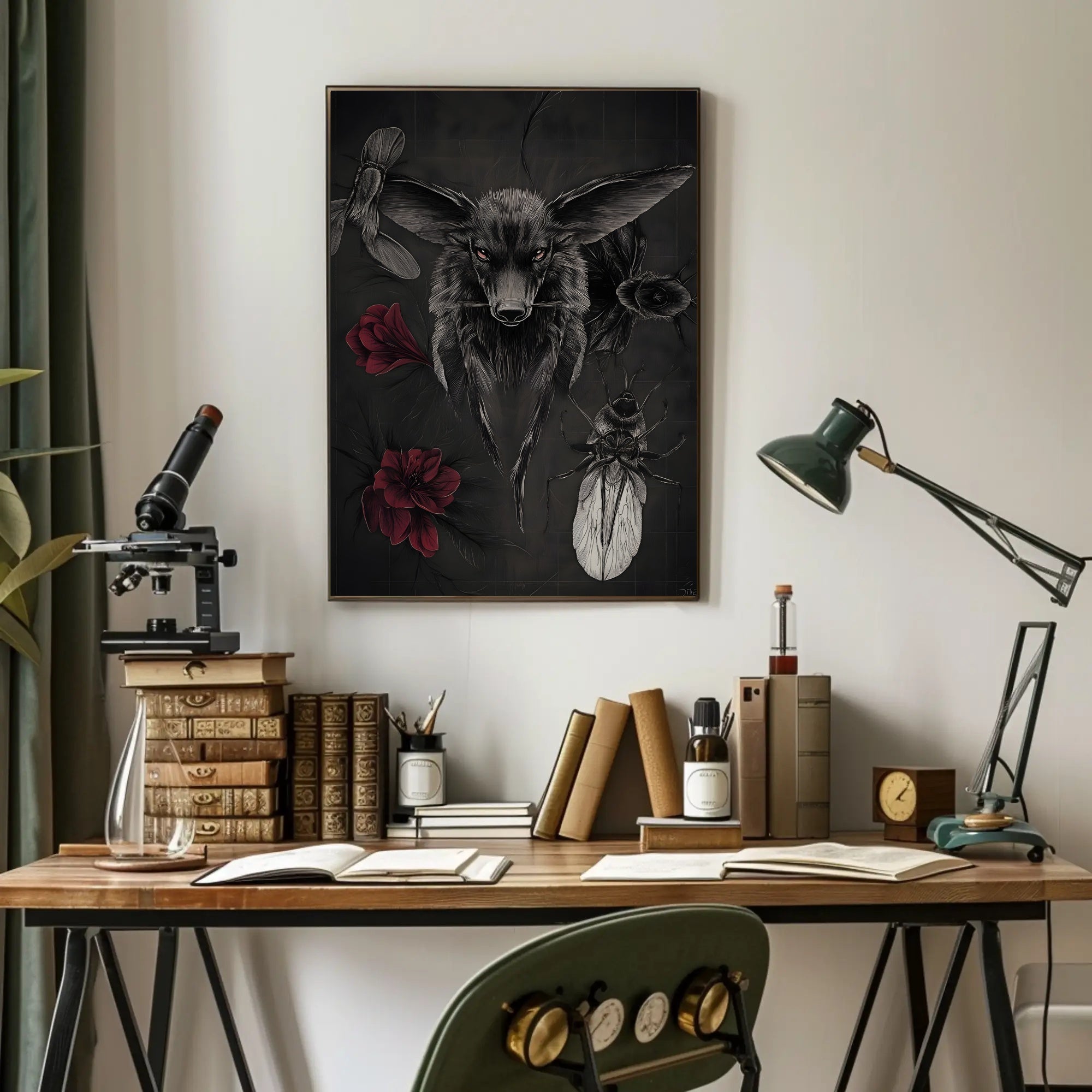 Dark Surreal Fox with Insects Artistic Poster PosterGoat