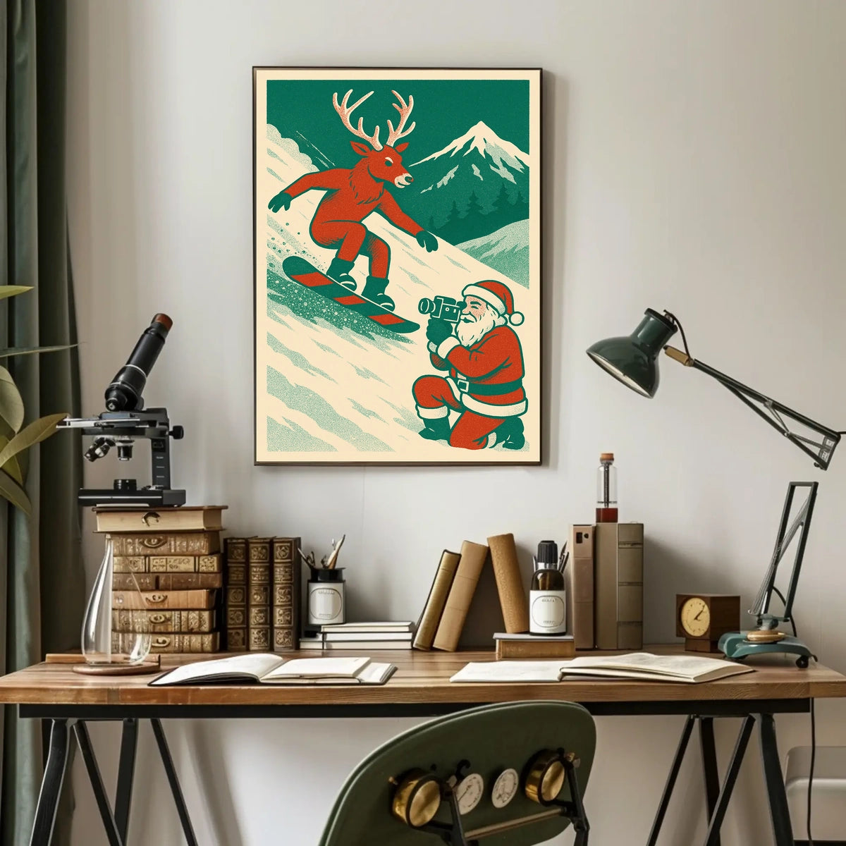 Whimsical Reindeer Snowboarding Vintage Holiday Poster