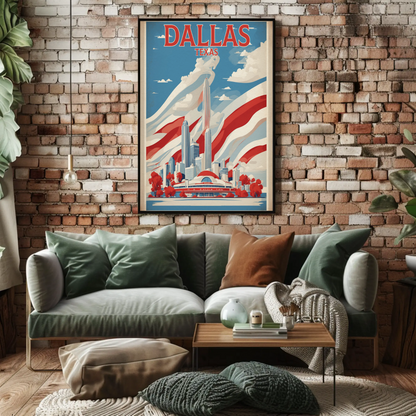 Dallas Texas Skyline Red White Blue Vintage Travel Poster