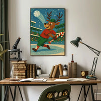 Whimsical Reindeer Baseball Holiday Poster Vintage Style