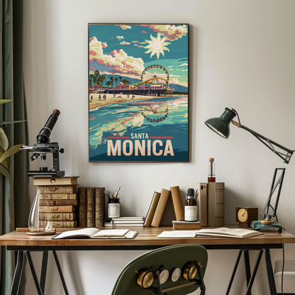 Santa Monica Reflection Ferris Wheel Beachfront Sunset Travel Poster
