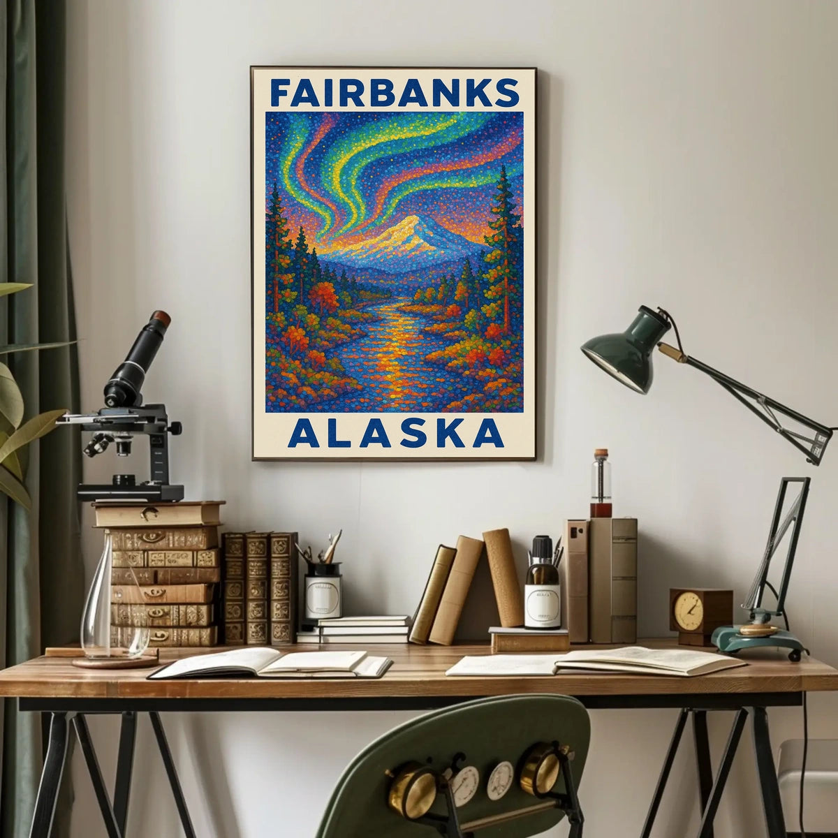 Aurora Borealis Vintage Fairbanks Alaska Starry Poster