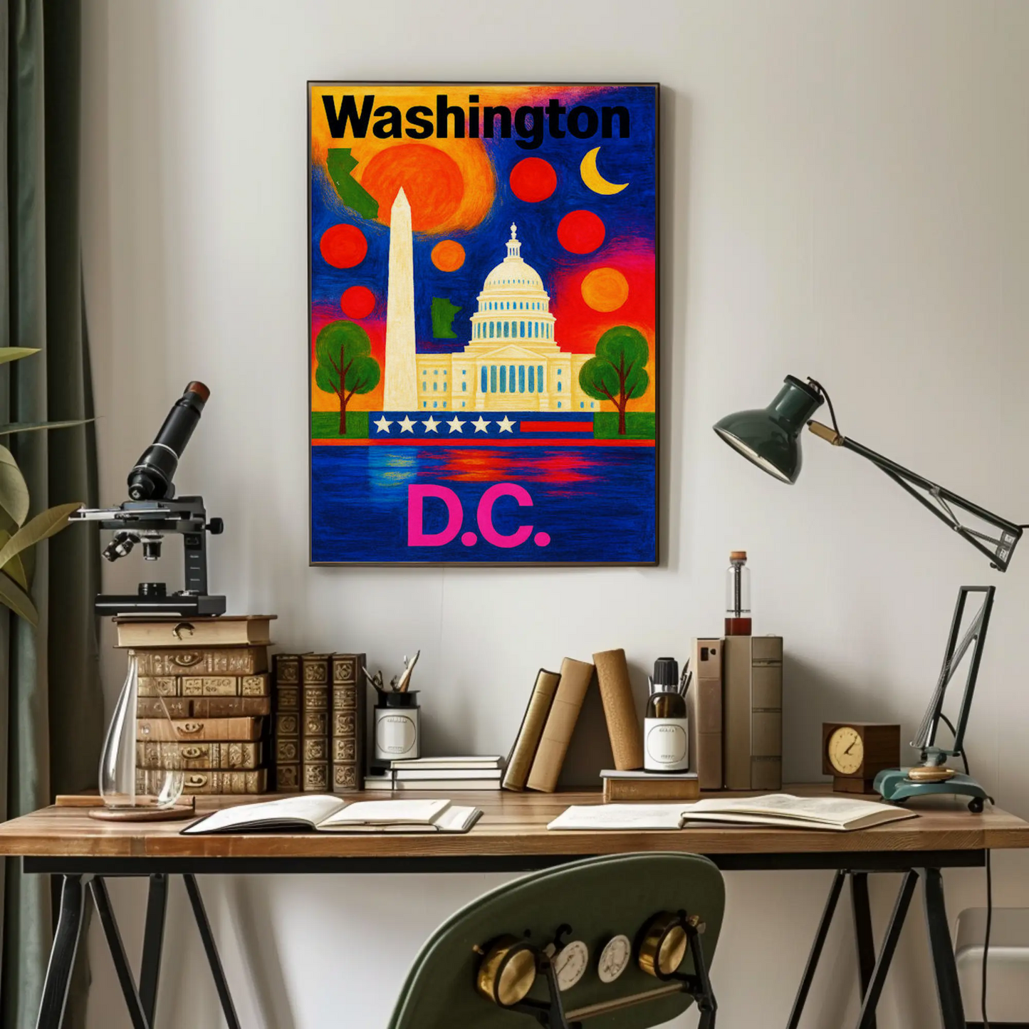 Washington DC Capitol Monument Colorful Night Travel Poster