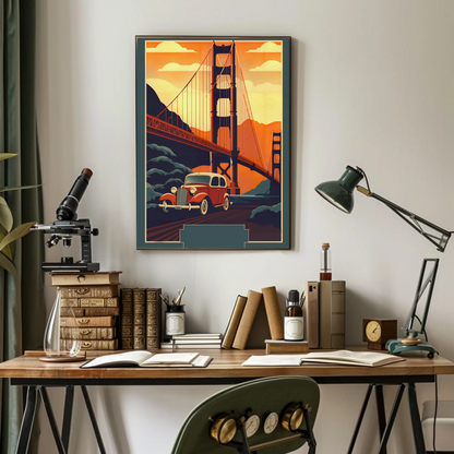 Golden Gate Bridge Vintage Car Drive Travel Poster