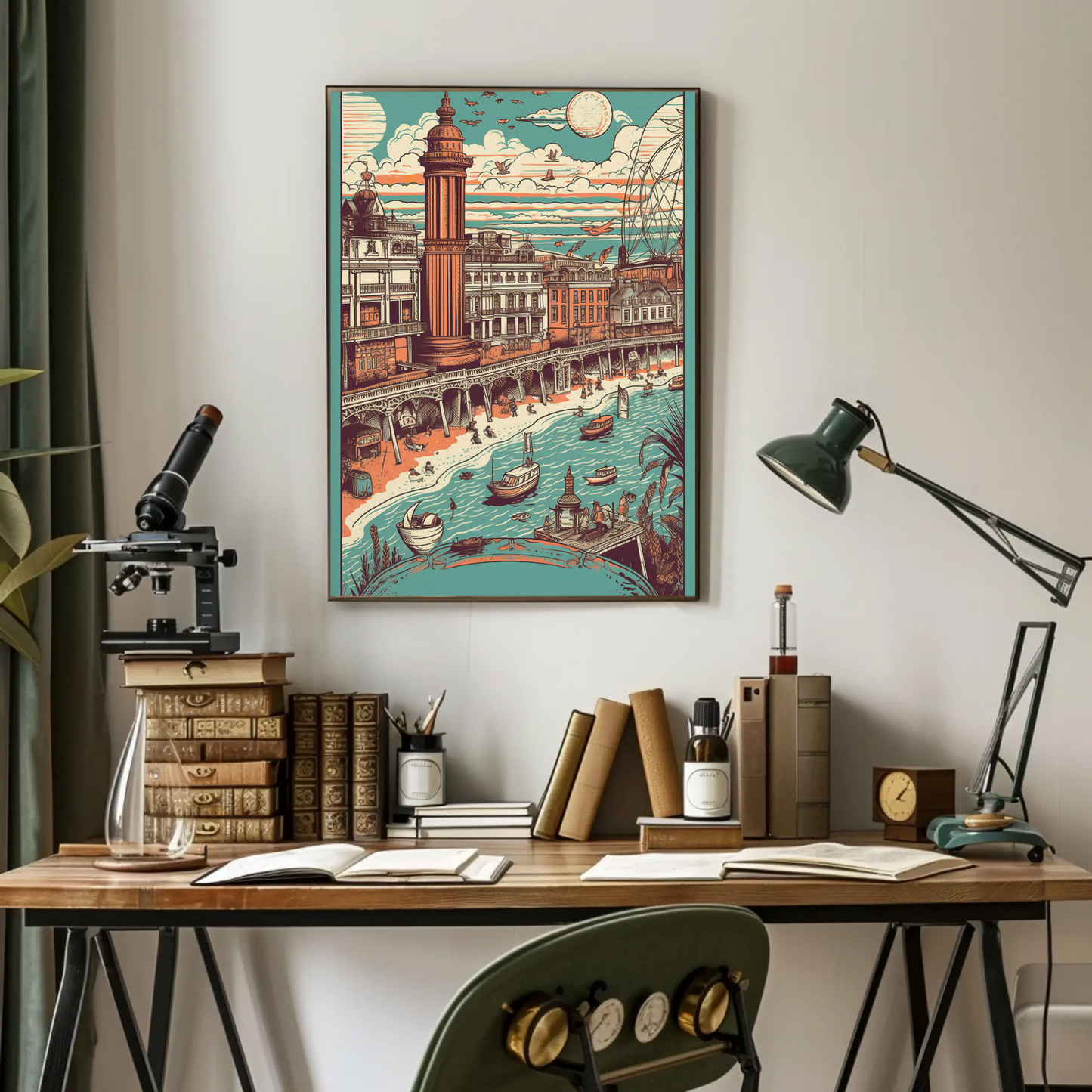 Beachfront Promenade Pier Boats Skyline Bathers Travel Poster