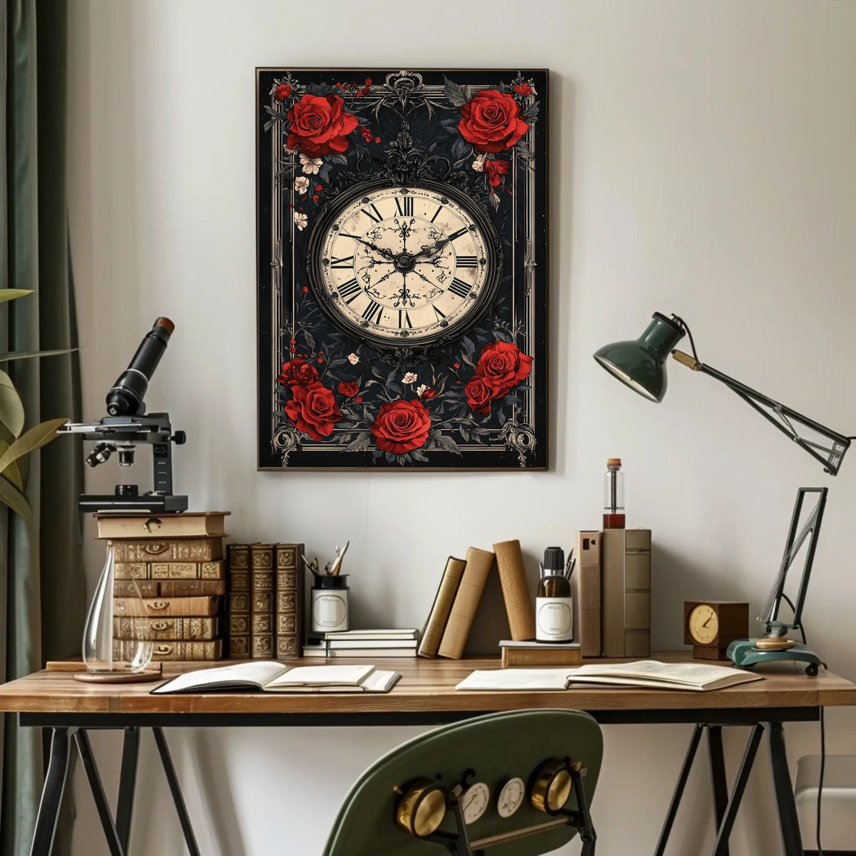 Vintage Clock with Roses in Artistic, Heritage Poster