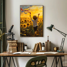 Child Running Through Sunflower Field At Golden Hour Poster