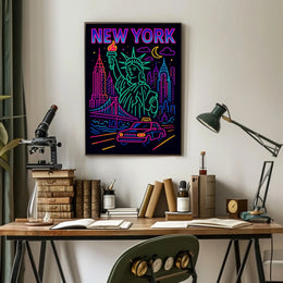 New York Neon Nightlife Cityscape Poster Modern Wall Art