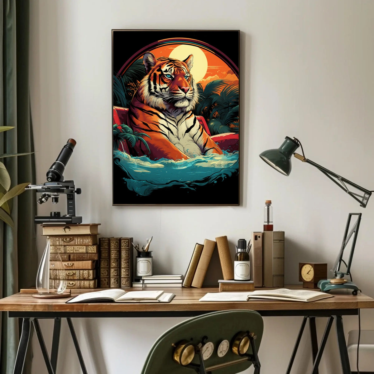 Tiger Majestically Lounging Amid Vivid Tropical Plants Animal Poster