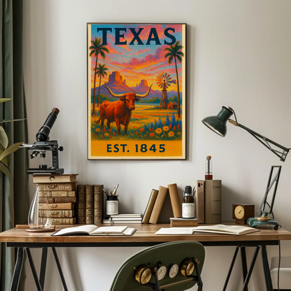 Texas Sunset Longhorn Windmill Landscape Travel Poster
