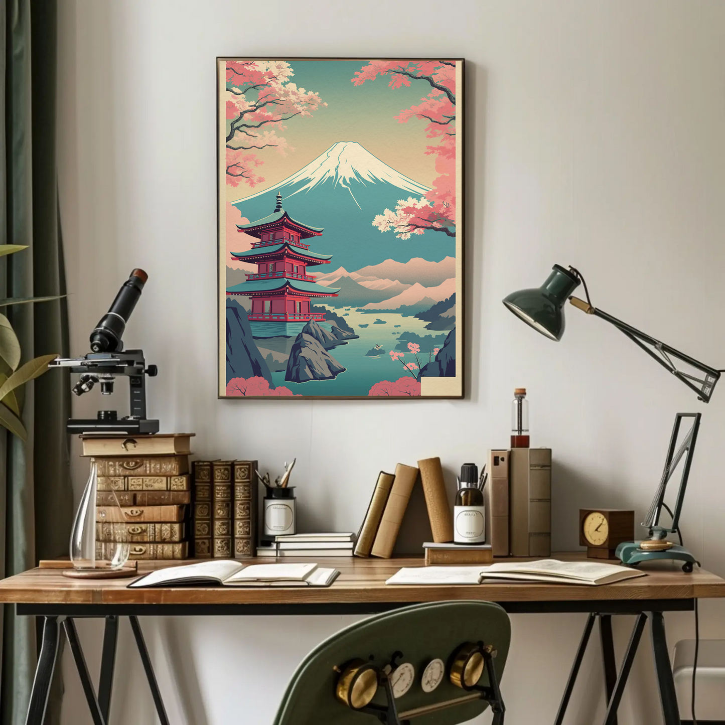 Japan Fuji Lake Pagoda Sakura Canoe Trees Travel Poster