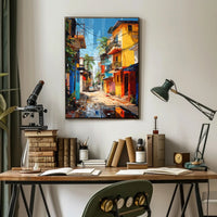 Vibrant Tropical Urban Street Scene Artistic Poster