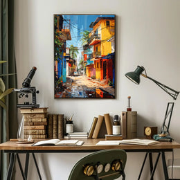 Vibrant Tropical Urban Street Scene Artistic Poster
