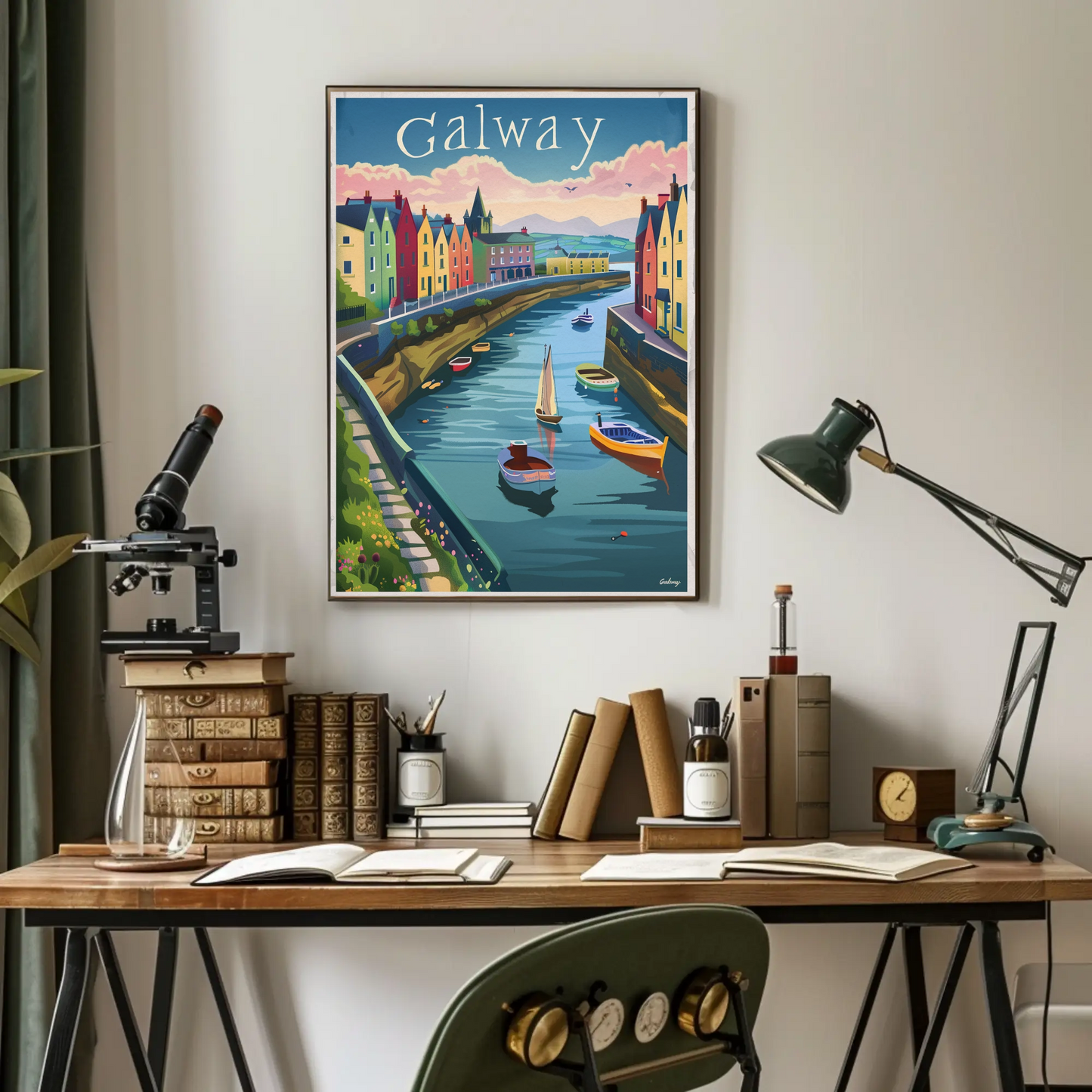 Galway Harbor Boats Colorful Sunset Travel Poster