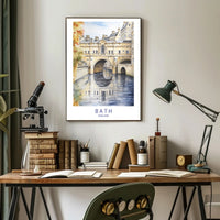 Iconic Pulteney Bridge in Bath Watercolor Urban Cityscape Poster PosterGoat