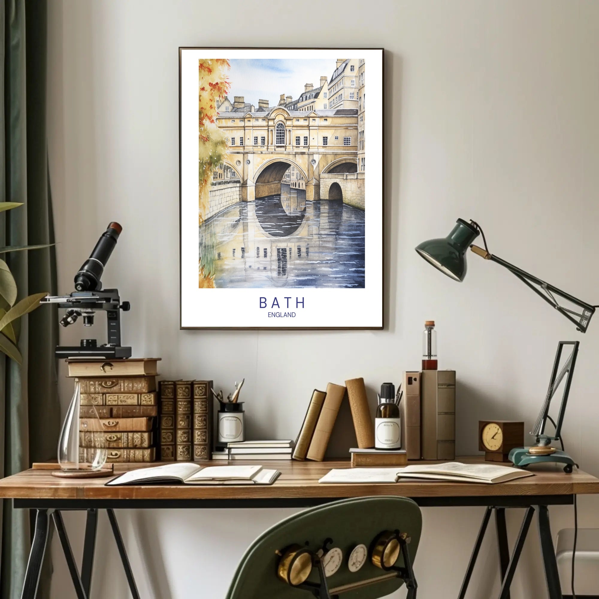 Iconic Pulteney Bridge in Bath Watercolor Urban Cityscape Poster PosterGoat