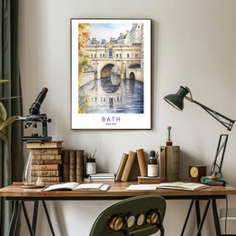 Iconic Pulteney Bridge in Bath Watercolor Urban Cityscape Poster PosterGoat