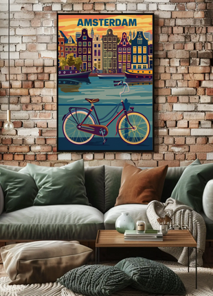 Amsterdam Holland Bicycle Canals Sunset Vintage Travel Poster