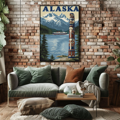Alaska Vintage Poster - Totem and Mountains