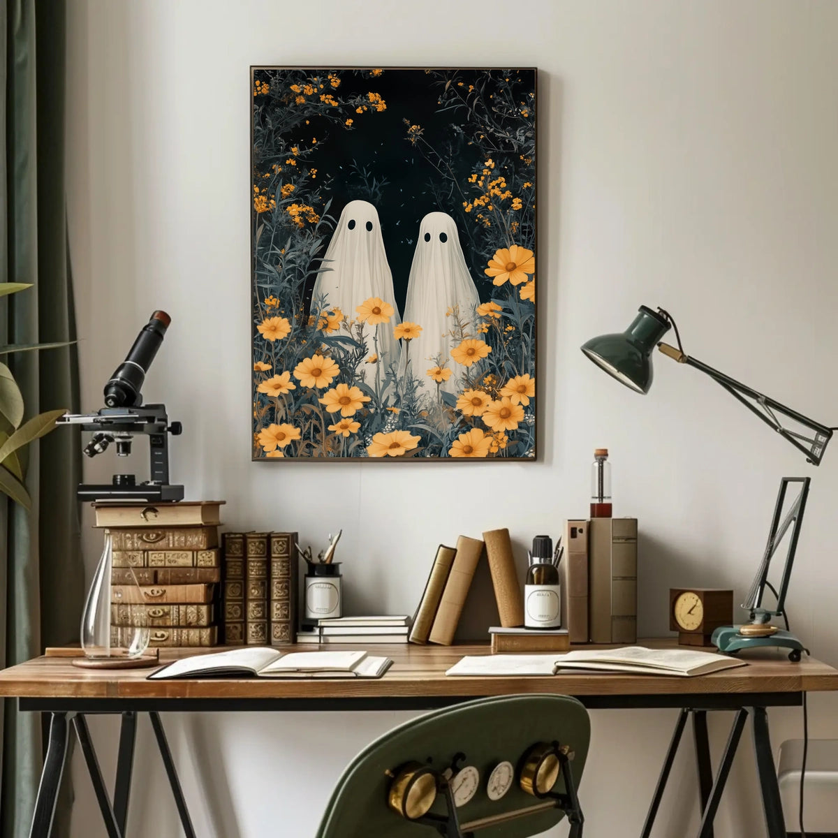 Ghostly Figures Surreal Whimsical Flowers Poster