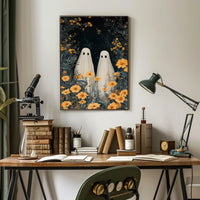 Ghostly Figures Surreal Whimsical Flowers Poster