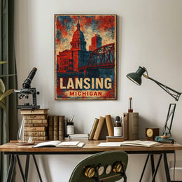 Lansing Cityscape Retro Typography Collectors Poster