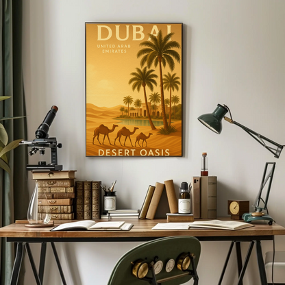 Dubai Desert Oasis Camels Palms Sunset Poster