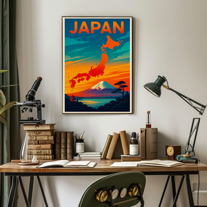Japan Mount Fuji Map Sunset Travel Poster Poster