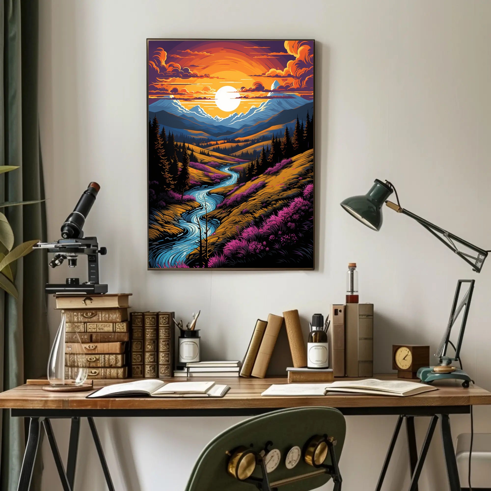 Sunset Over Mountain Stream Poster