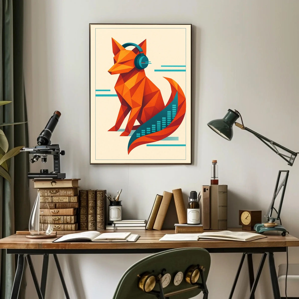 Geometric Fox With Headphones Poster
