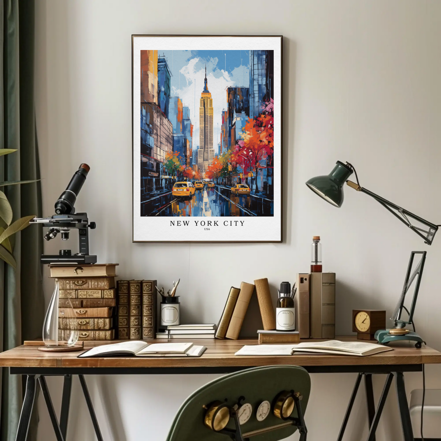 New York City Fall Taxis Empire State Building Travel Poster