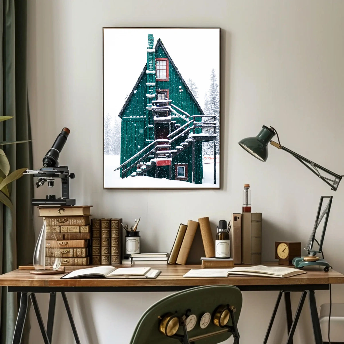 Charming Winter Cabin in Snowy Forest Scene