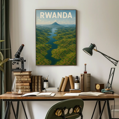 Rwanda Volcano Valley River Aerial Travel Poster