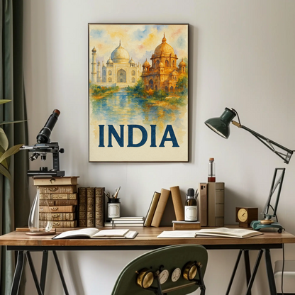 India Taj Mahal Watercolor Palace Reflection Travel Poster