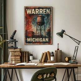 Warren Michigan Vintage Water Tower Steampunk Folk Poster
