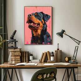 Striking Rottweiler Portrait on Vibrant Pink Dog Breed Poster PosterGoat