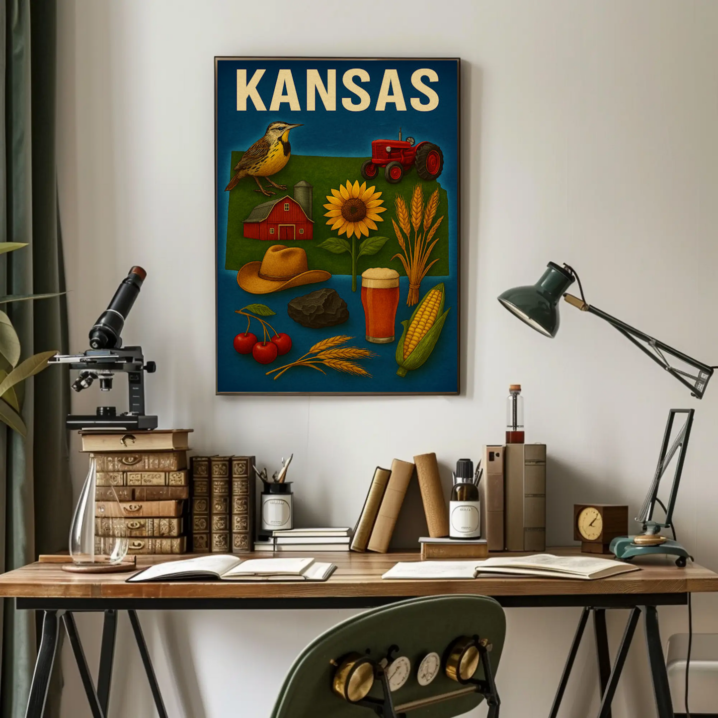 Kansas State Symbols Agriculture Sunflower Tractor Poster Poster