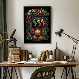 Festive Fireplace Holiday Scene Poster
